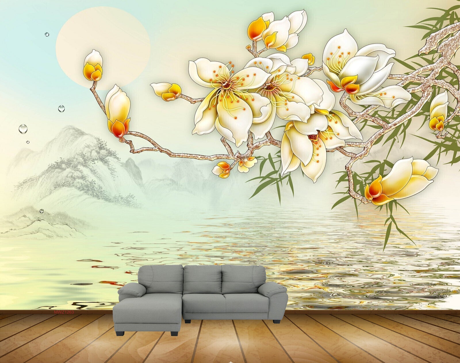 Avikalp MWZ1263 White Orange Leaves River 3D HD Wallpaper