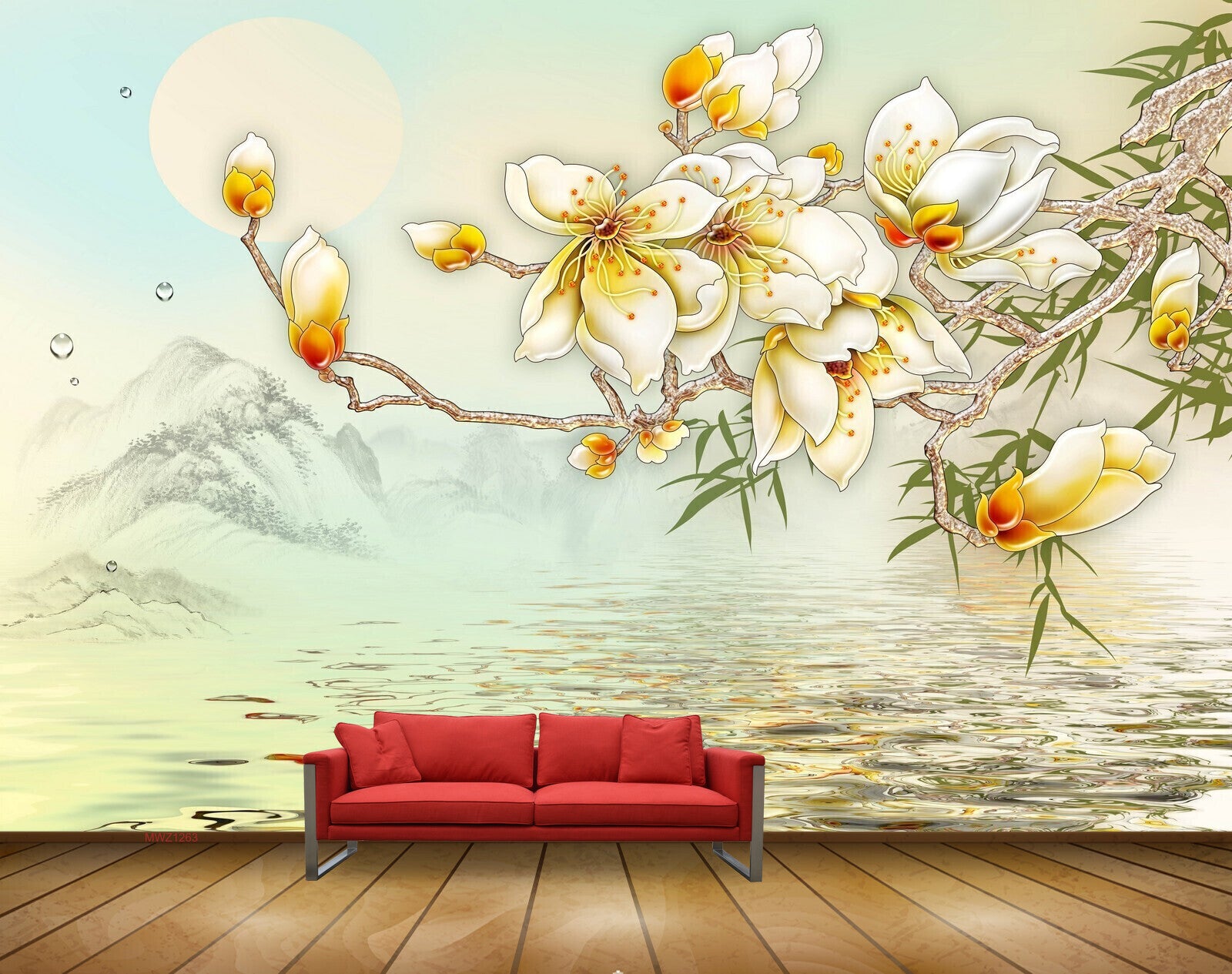 Avikalp MWZ1263 White Orange Leaves River 3D HD Wallpaper
