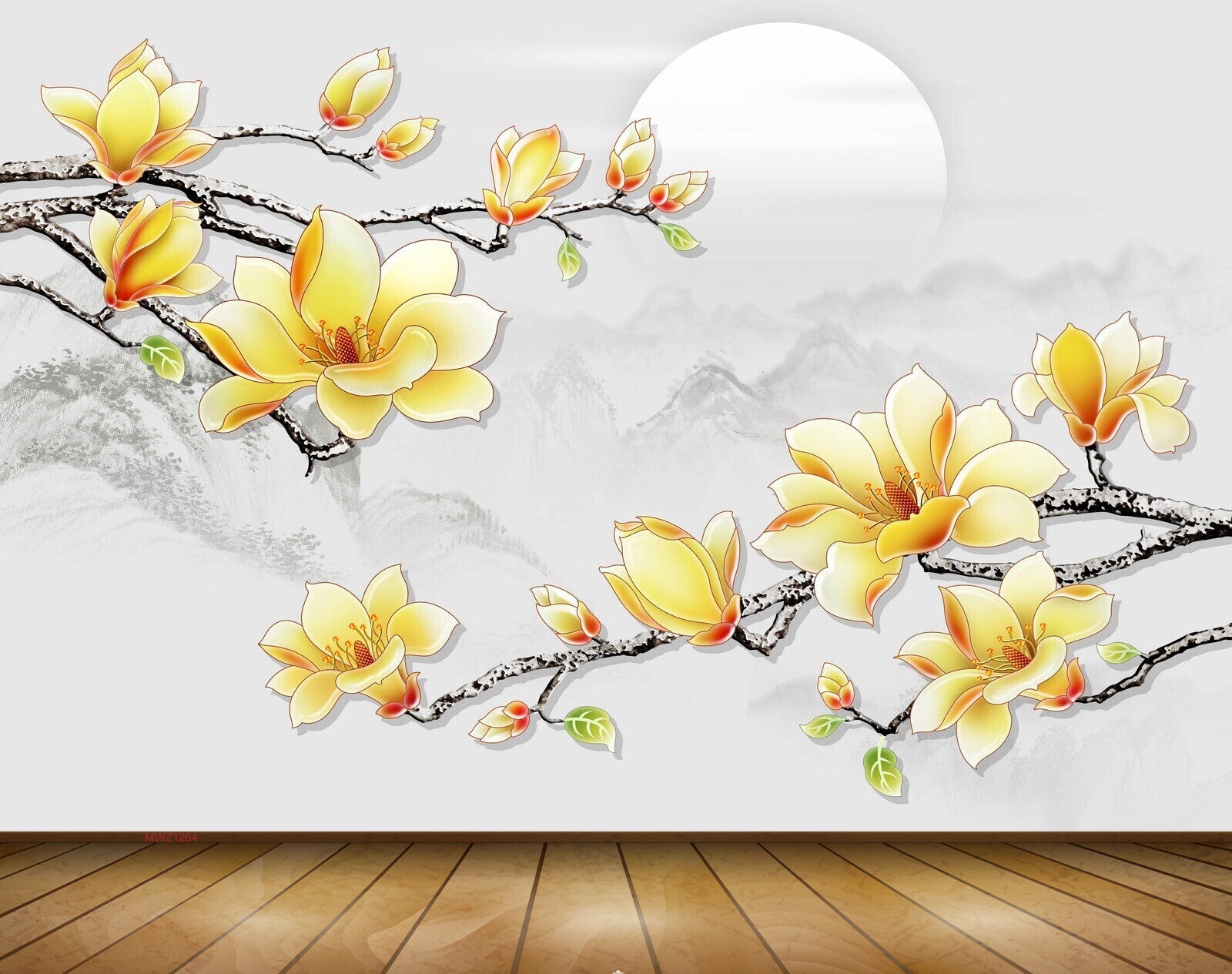 Avikalp MWZ1264 Yellow Flowers Branches Moon 3D HD Wallpaper
