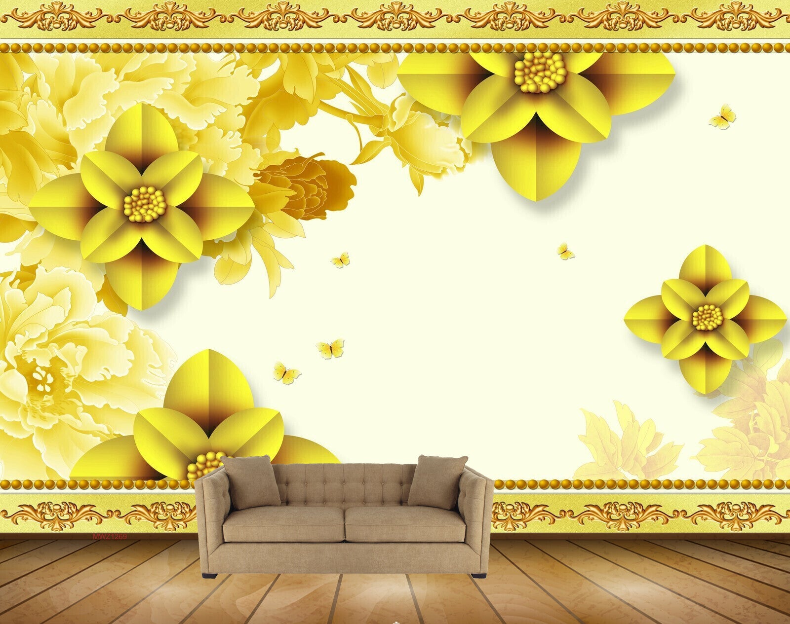 Avikalp MWZ1269 Yellow Flowers Leaves 3D HD Wallpaper
