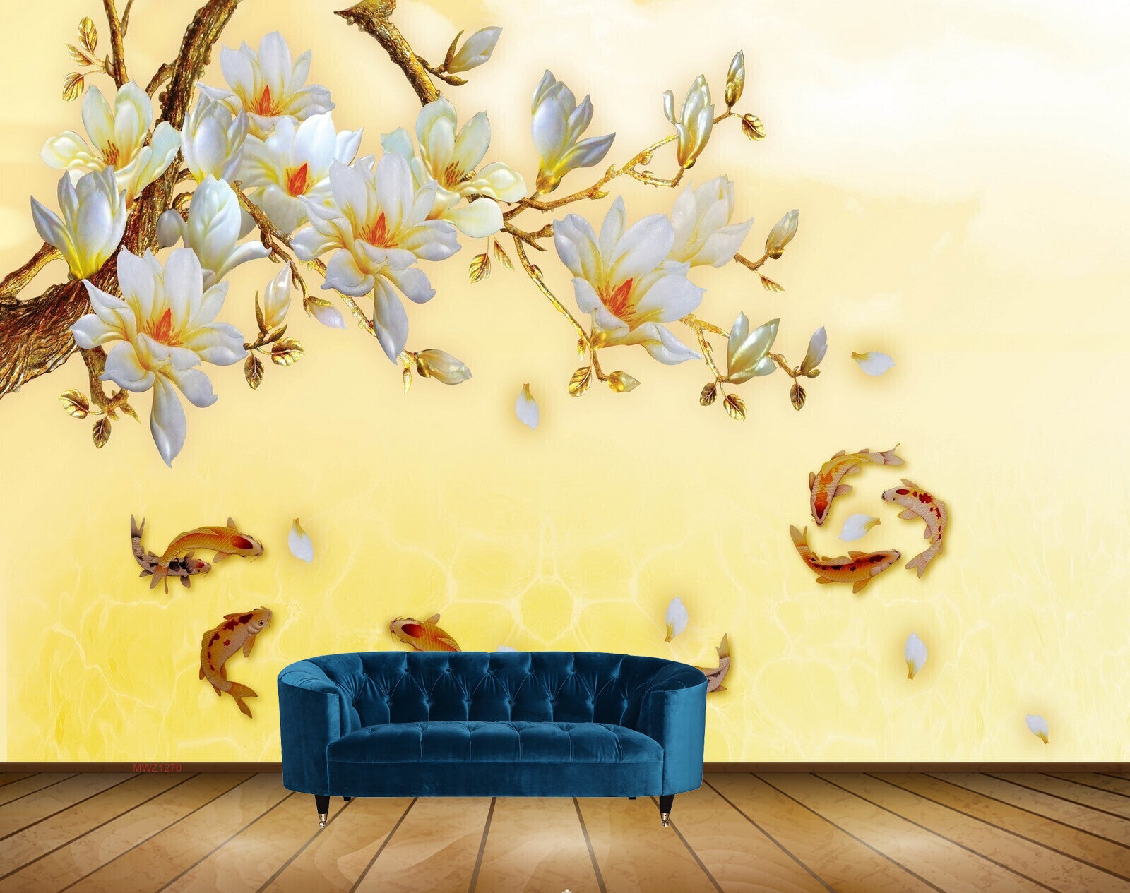 Avikalp MWZ1270 White Purple Flowers Fishes Leaves 3D HD Wallpaper
