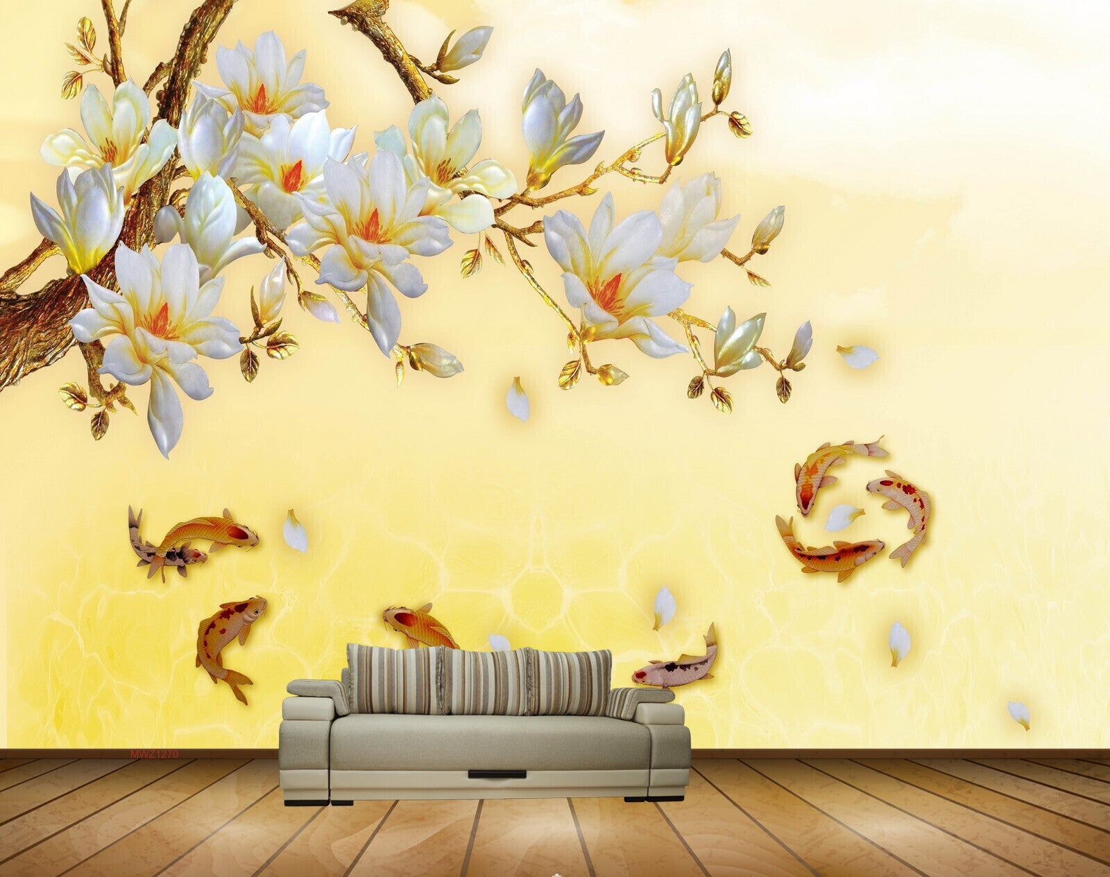 Avikalp MWZ1270 White Purple Flowers Fishes Leaves 3D HD Wallpaper