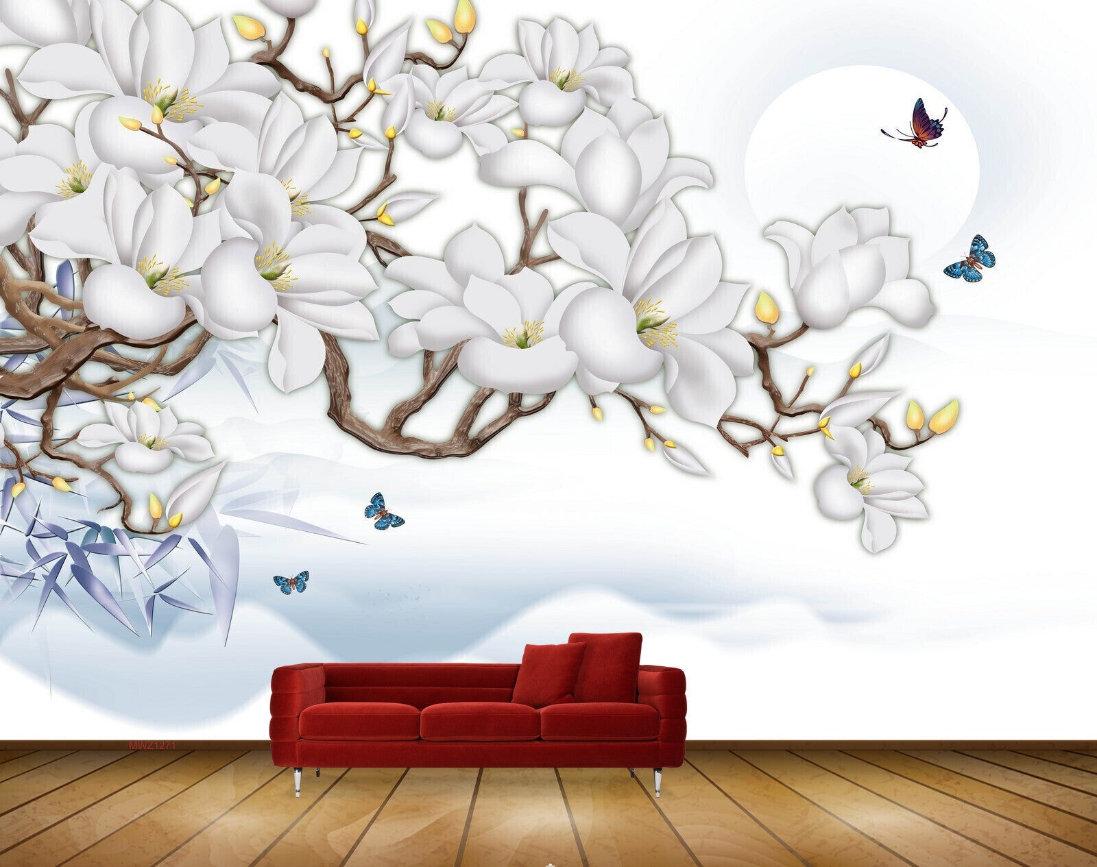 Avikalp MWZ1271 White Flowers Butterflies 3D HD Wallpaper