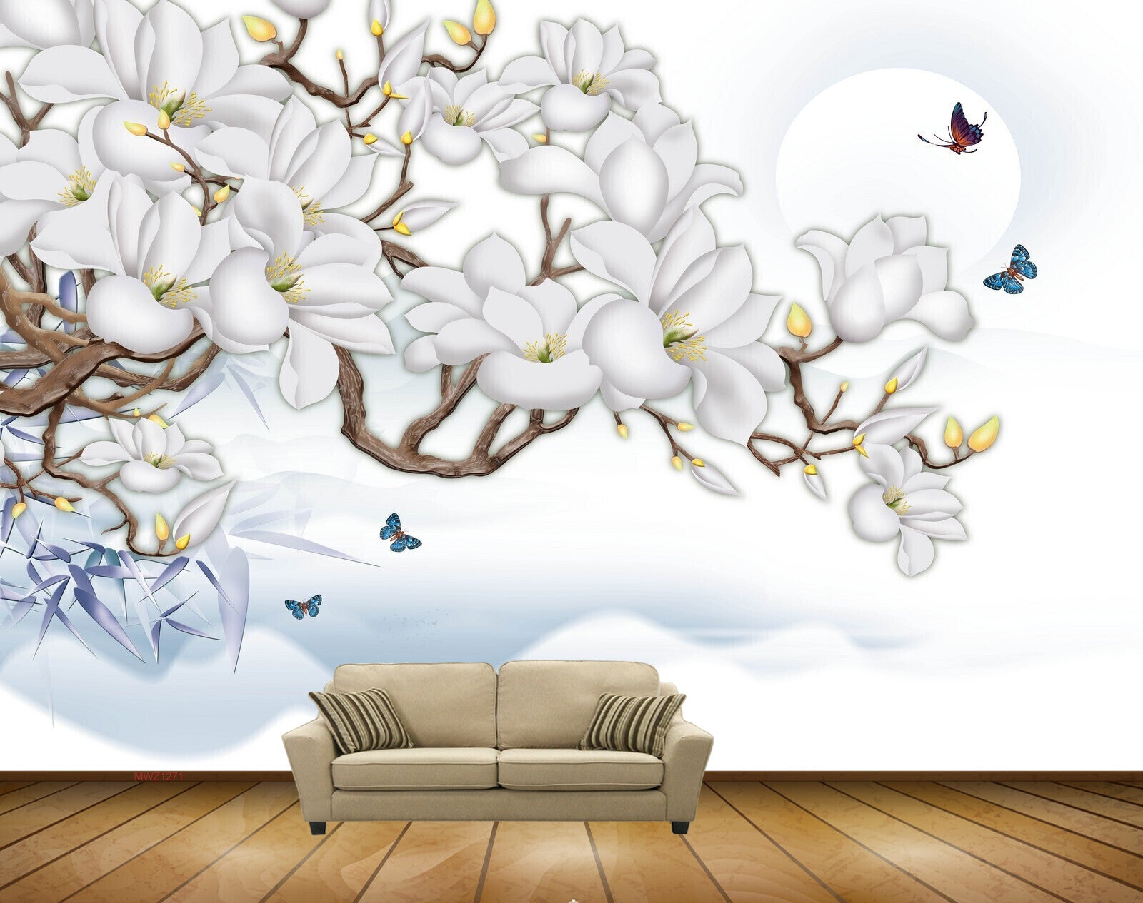 Avikalp MWZ1271 White Flowers Butterflies 3D HD Wallpaper