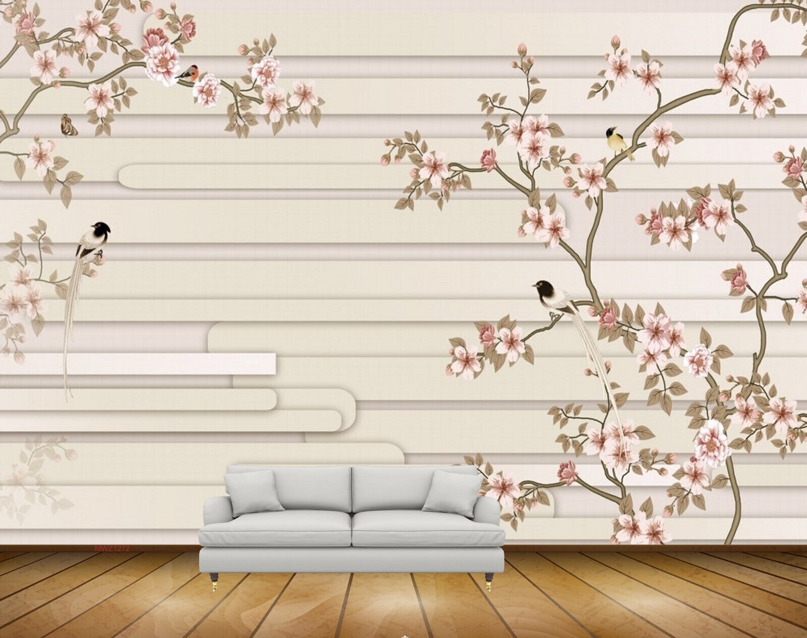 Avikalp MWZ1272 Pink White Flowers Birds HD Wallpaper