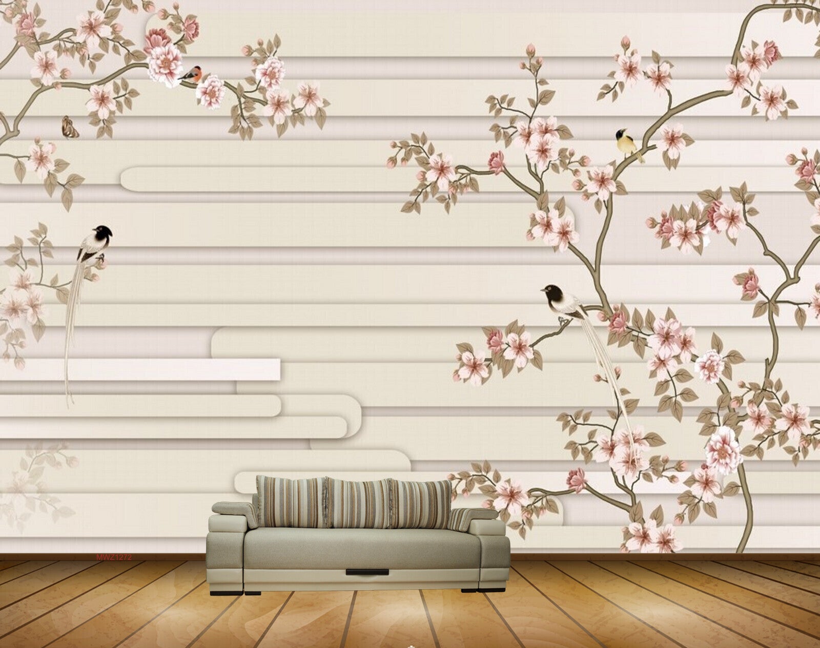 Avikalp MWZ1272 Pink White Flowers Birds 3D HD Wallpaper