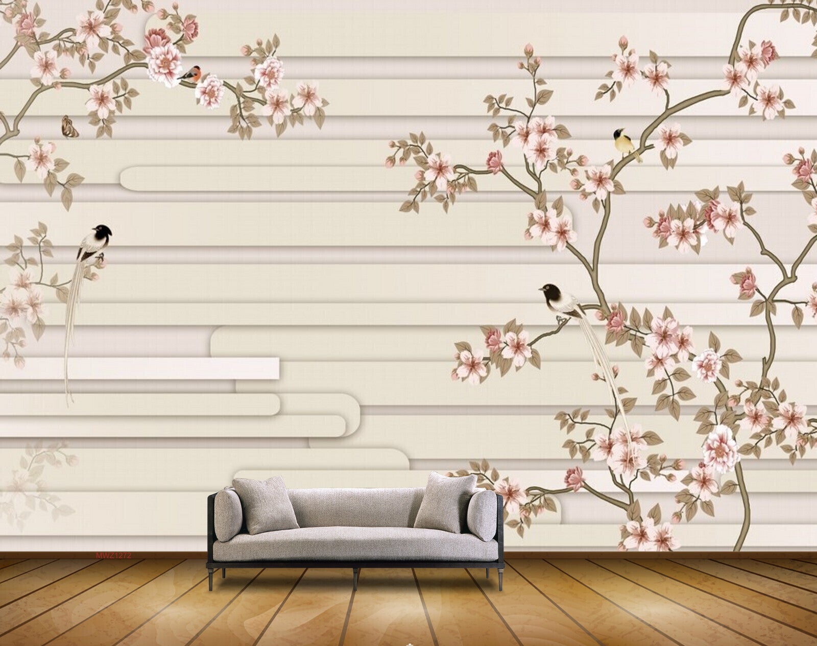 Avikalp MWZ1272 Pink White Flowers Birds 3D HD Wallpaper