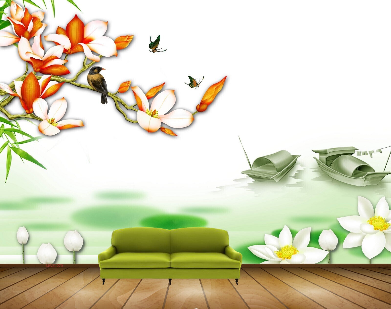 Avikalp MWZ1279 Red White Flowers Butterflies Boats 3D HD Wallpaper