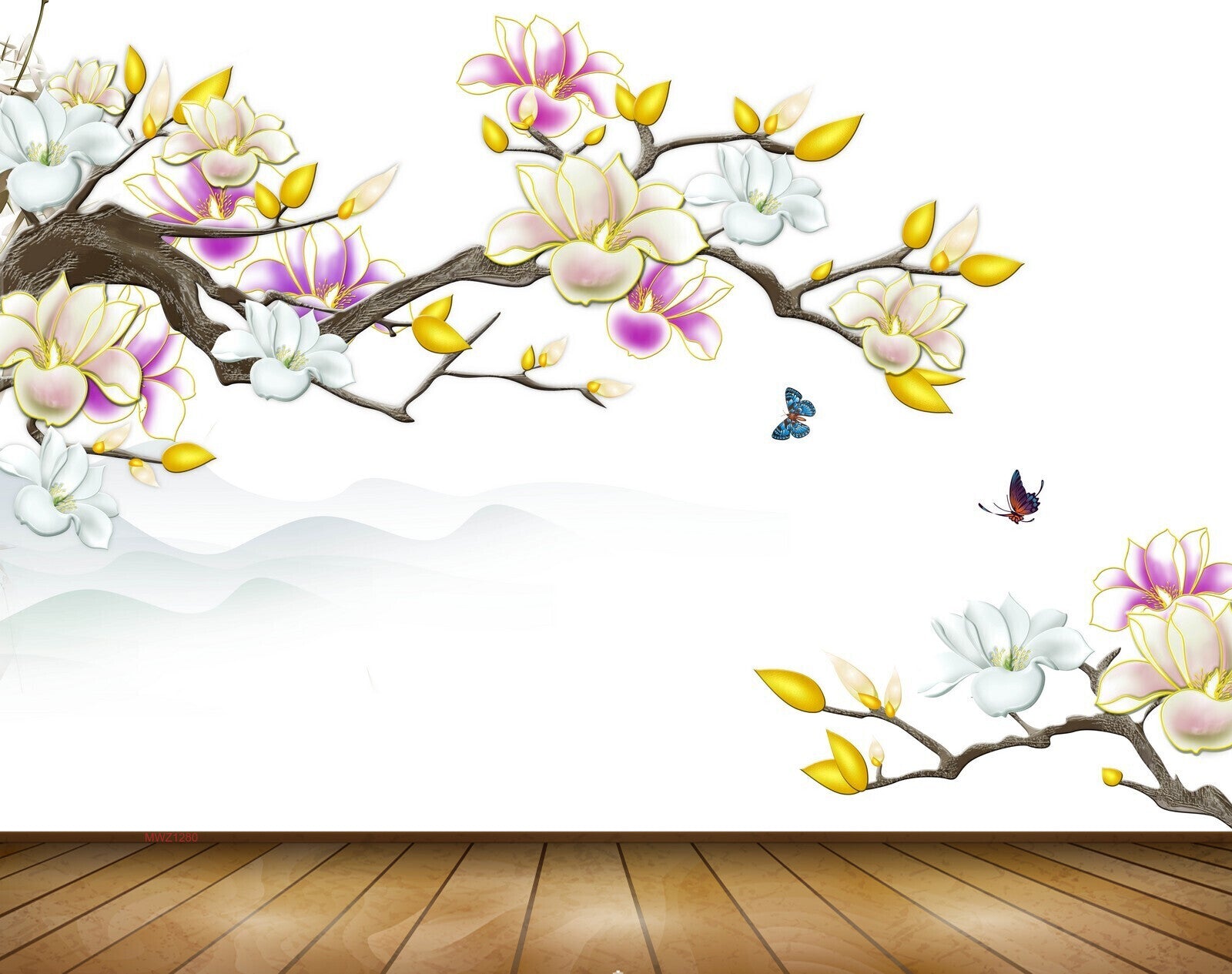 Avikalp MWZ1280 Yellow White Purple Flowers Butterflies 3D HD Wallpaper