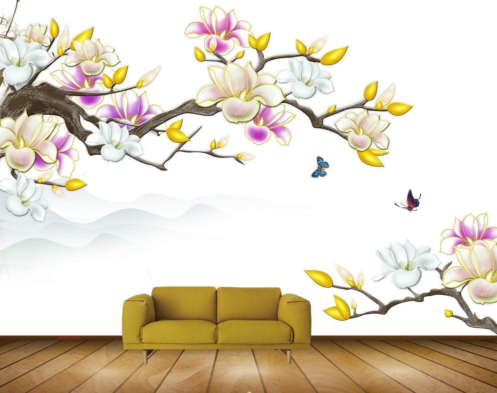 Avikalp MWZ1280 Yellow White Purple Flowers Butterflies 3D HD Wallpaper
