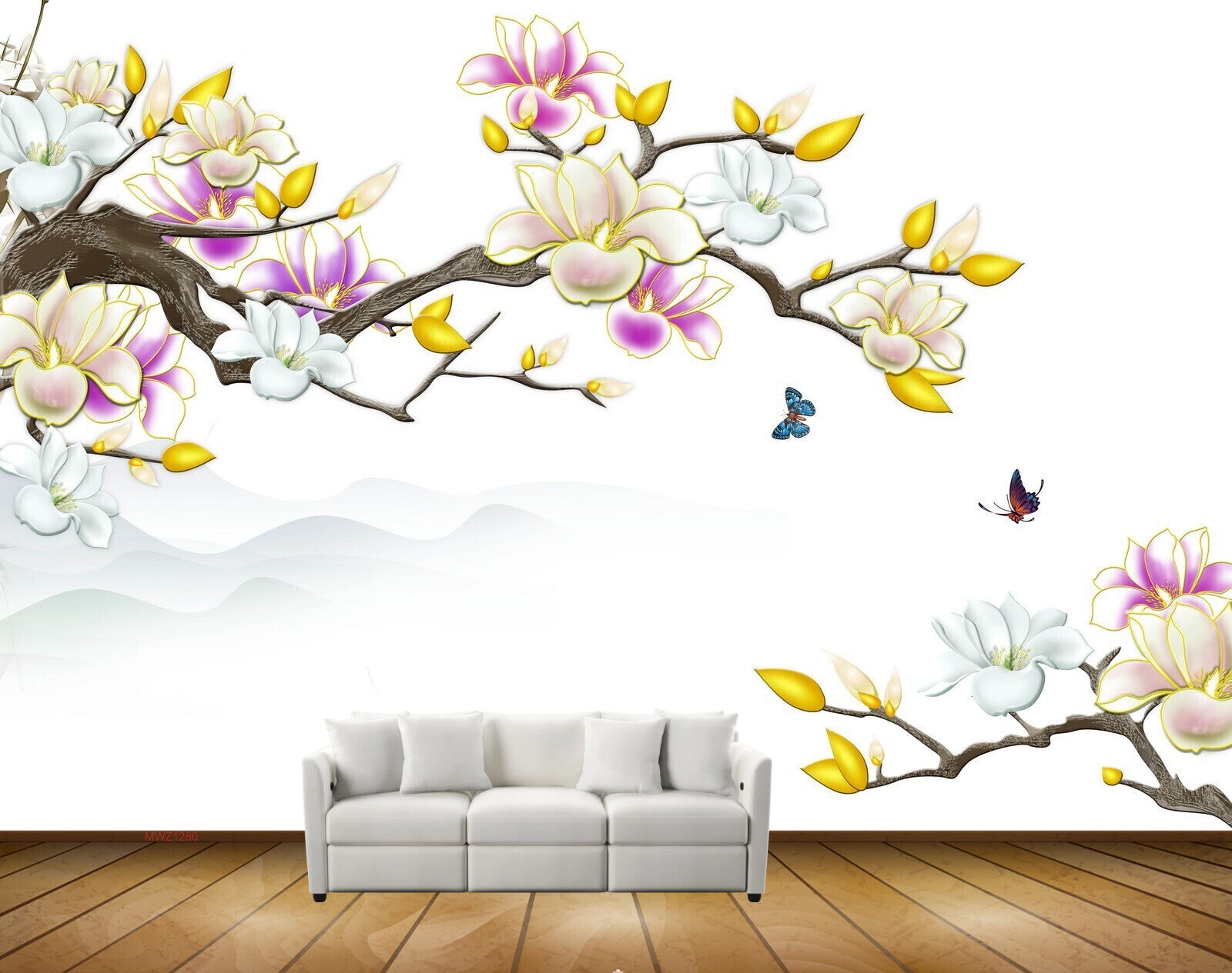 Avikalp MWZ1280 Yellow White Purple Flowers Butterflies 3D HD Wallpaper