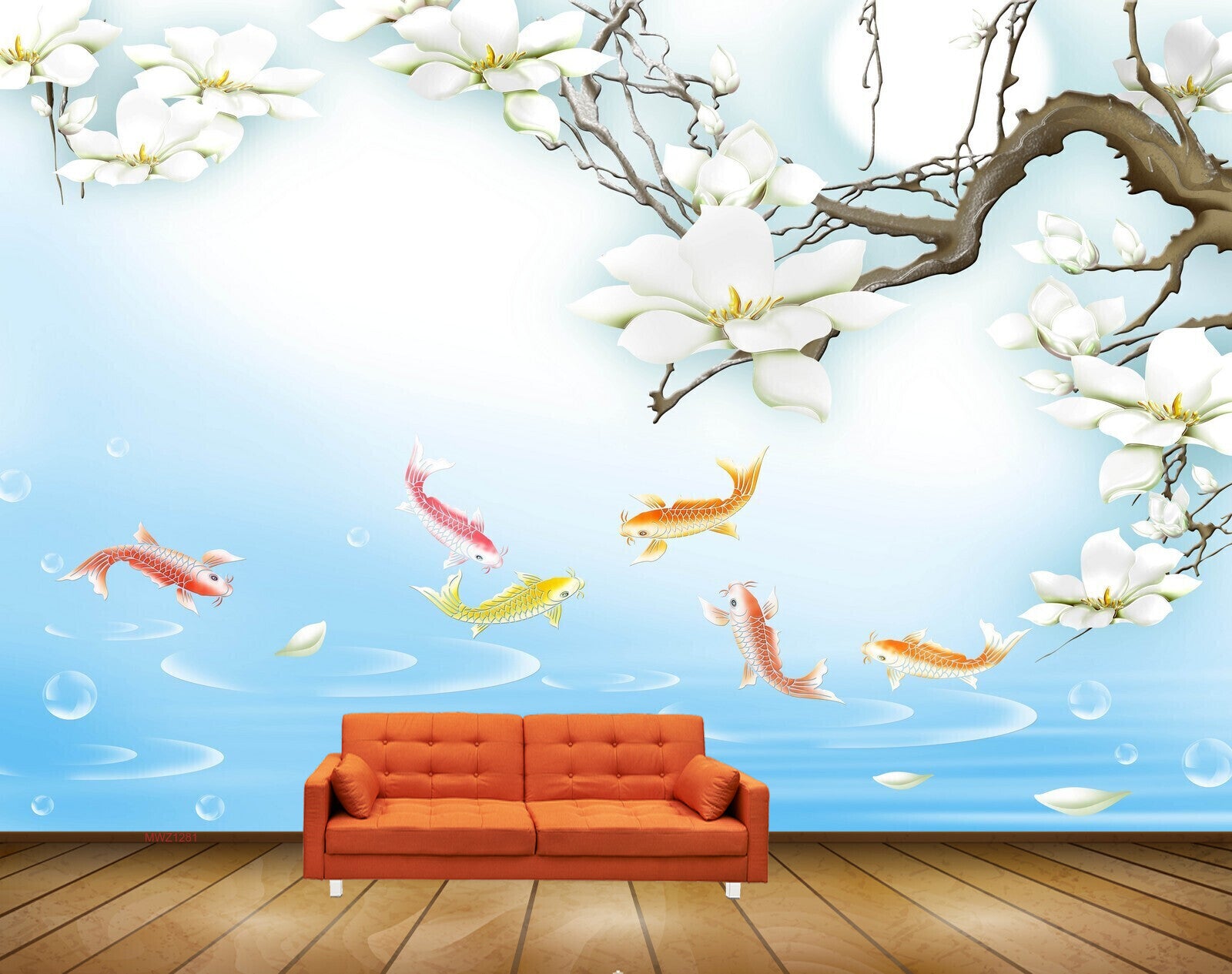 Avikalp MWZ1281 White Flowers Fishes 3D HD Wallpaper