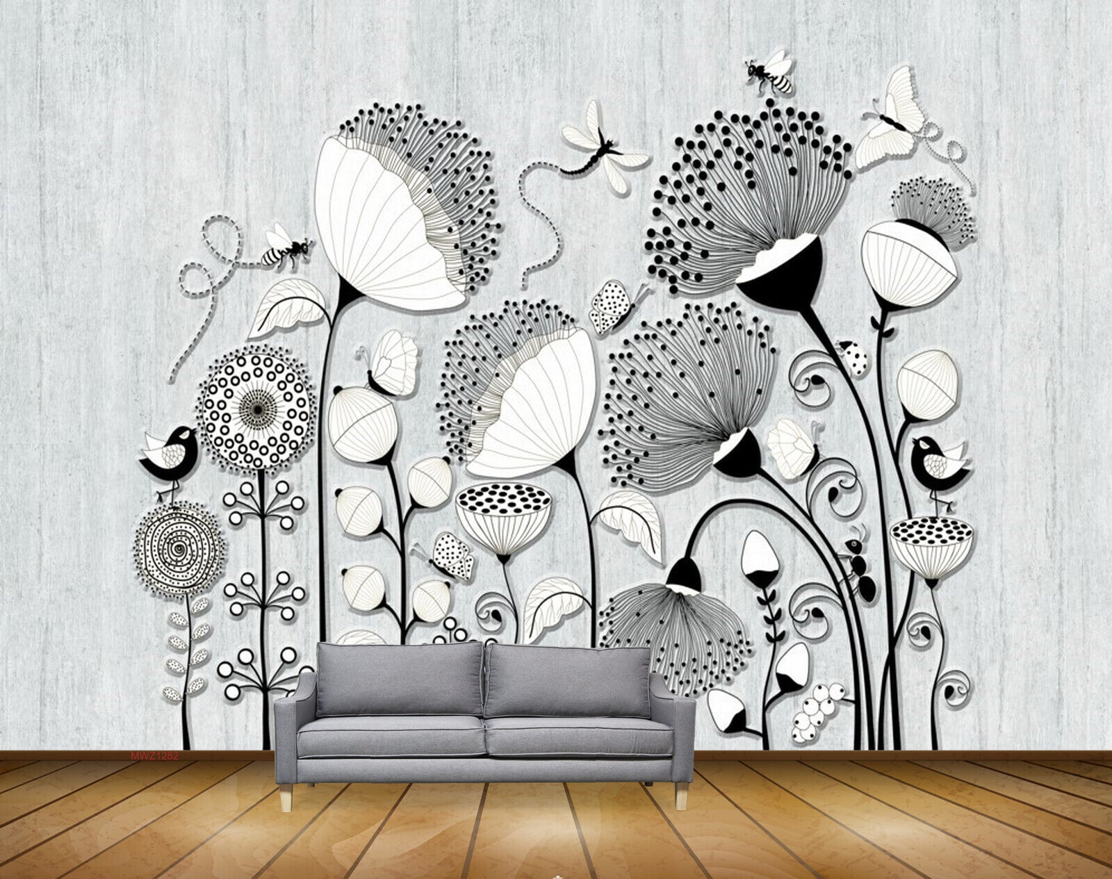 Avikalp MWZ1282 Black White flowers Flies 3D HD Wallpaper