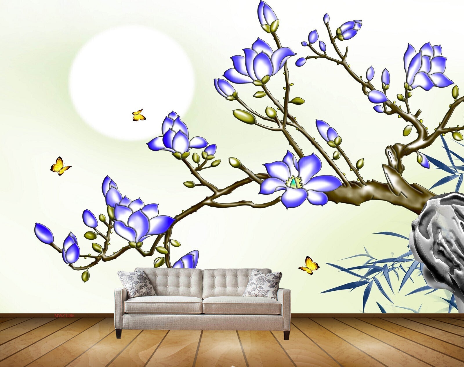 Avikalp MWZ1285 Blue White Flowers Butterflies 3D HD Wallpaper