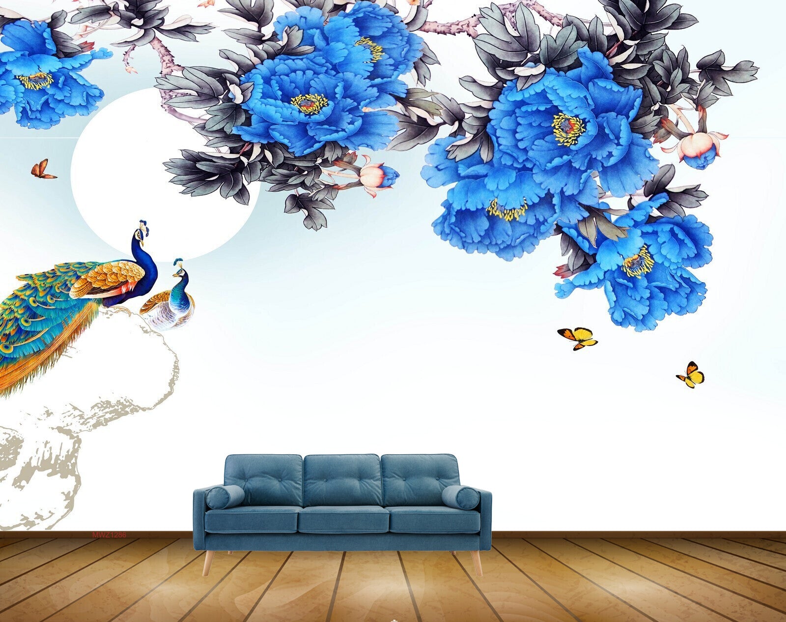Avikalp MWZ1286 Peacocks Blue Flowers Butterflies HD Wallpaper