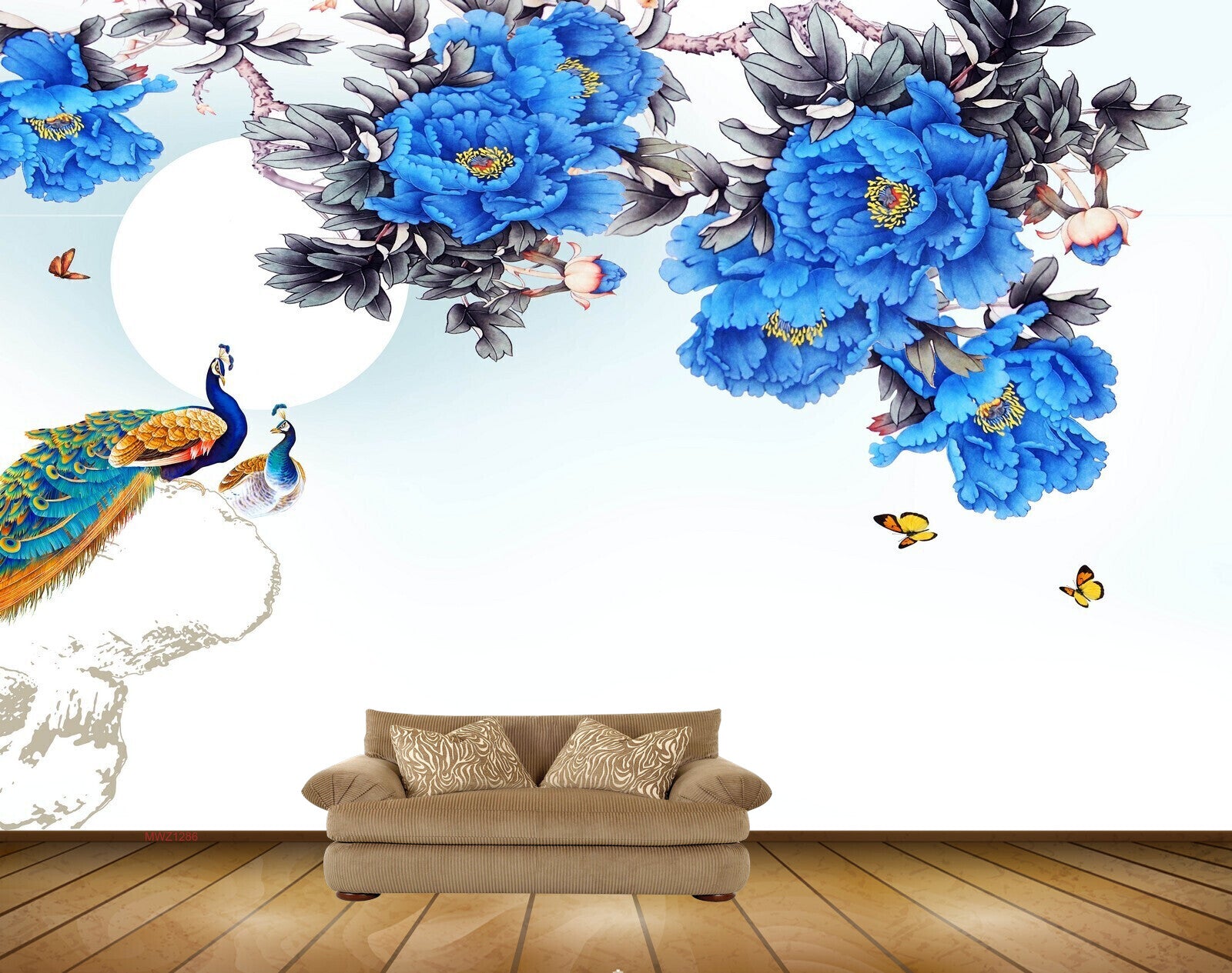 Avikalp MWZ1286 Peacocks Blue Flowers Butterflies 3D HD Wallpaper