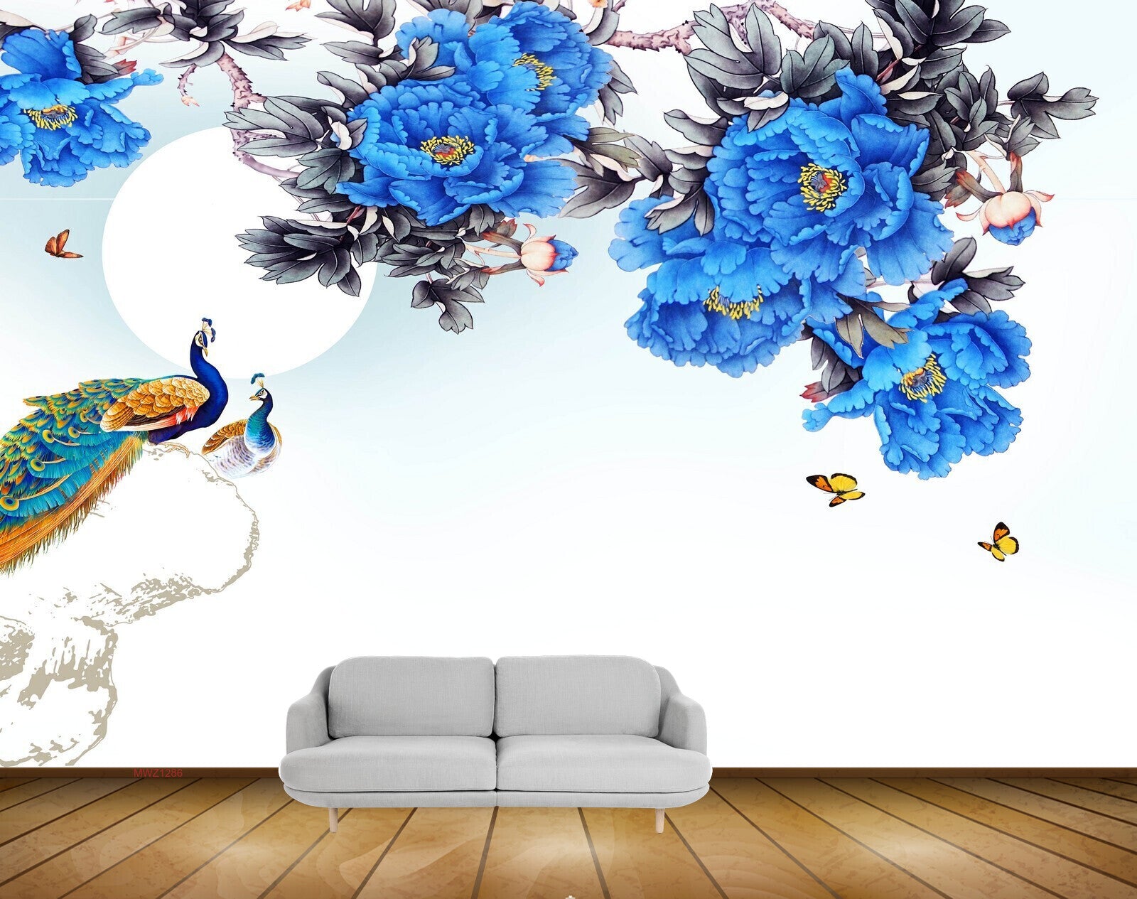 Avikalp MWZ1286 Peacocks Blue Flowers Butterflies 3D HD Wallpaper