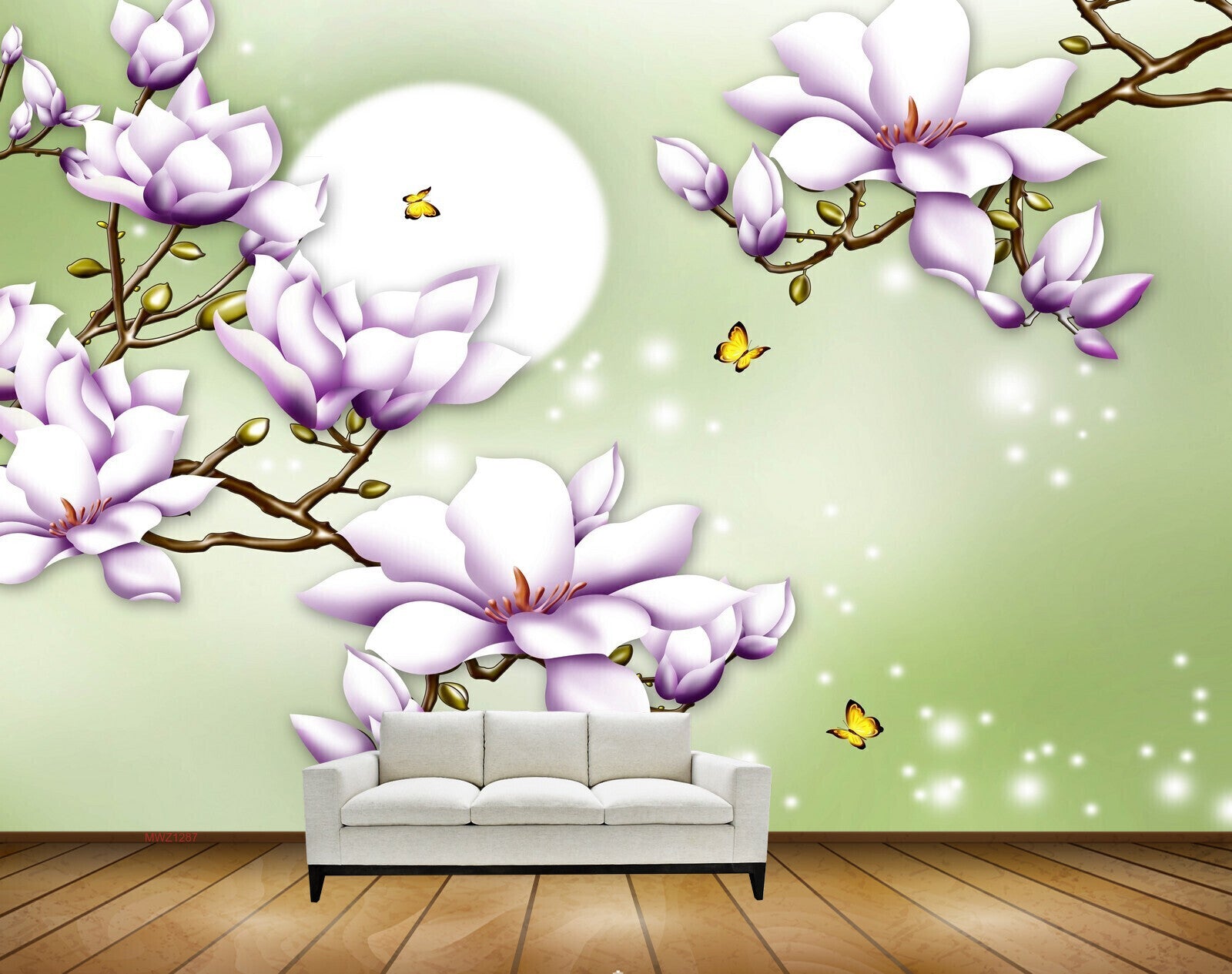 Avikalp MWZ1287 Purple White Flowers Butterflies 3D HD Wallpaper