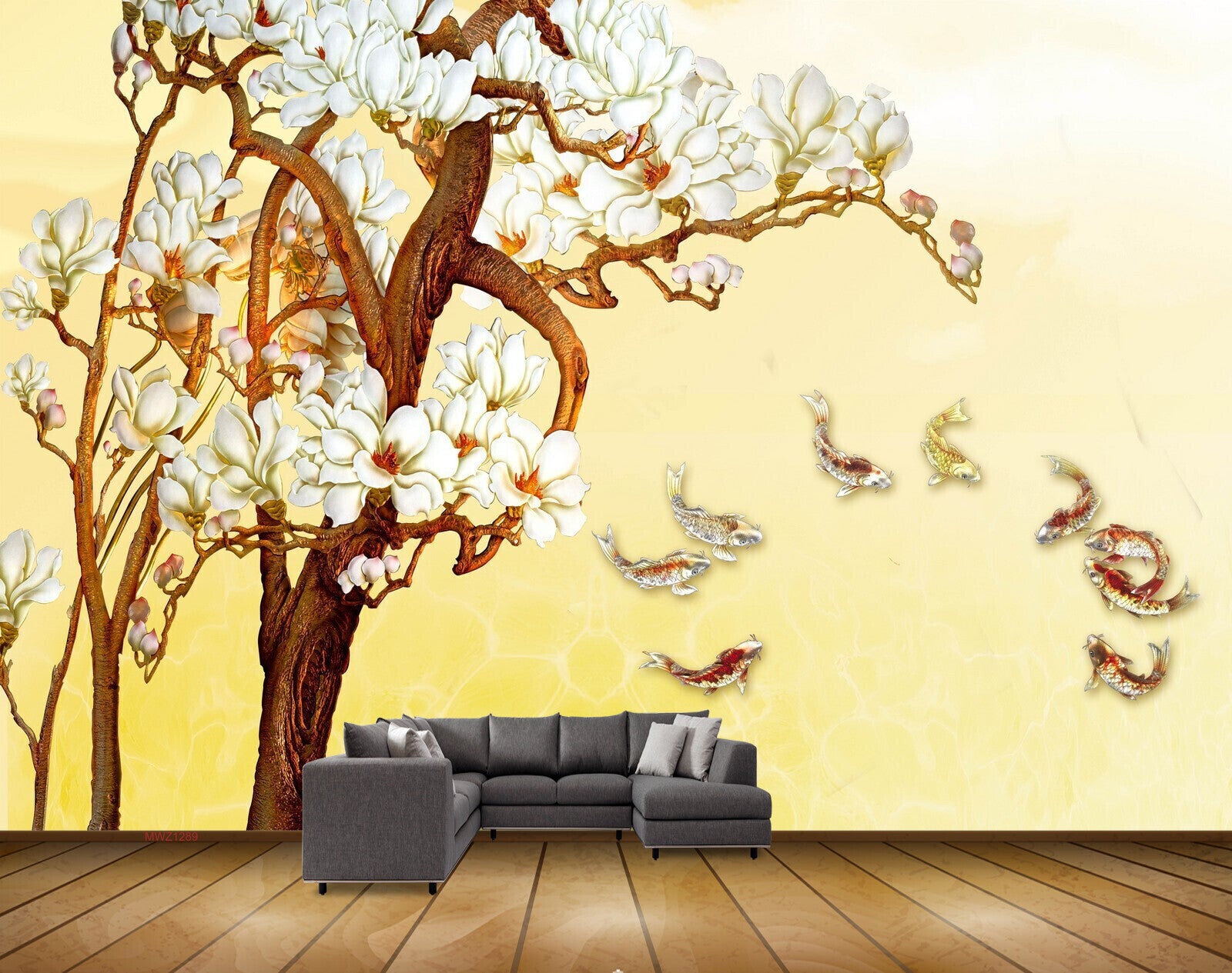 Avikalp MWZ1289 White Flowers Fishes Trees 3D HD Wallpaper