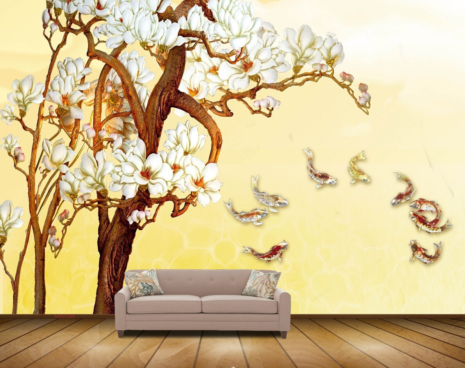 Avikalp MWZ1289 White Flowers Fishes Trees 3D HD Wallpaper