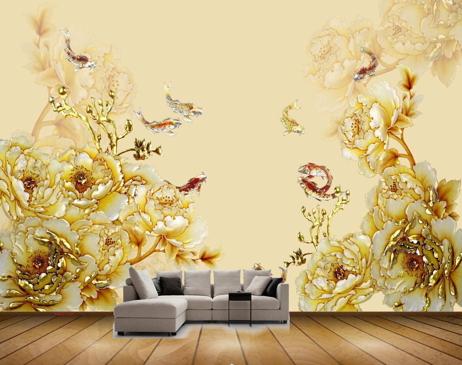 Avikalp MWZ1291 White golden Flowers Fishes 3D HD Wallpaper