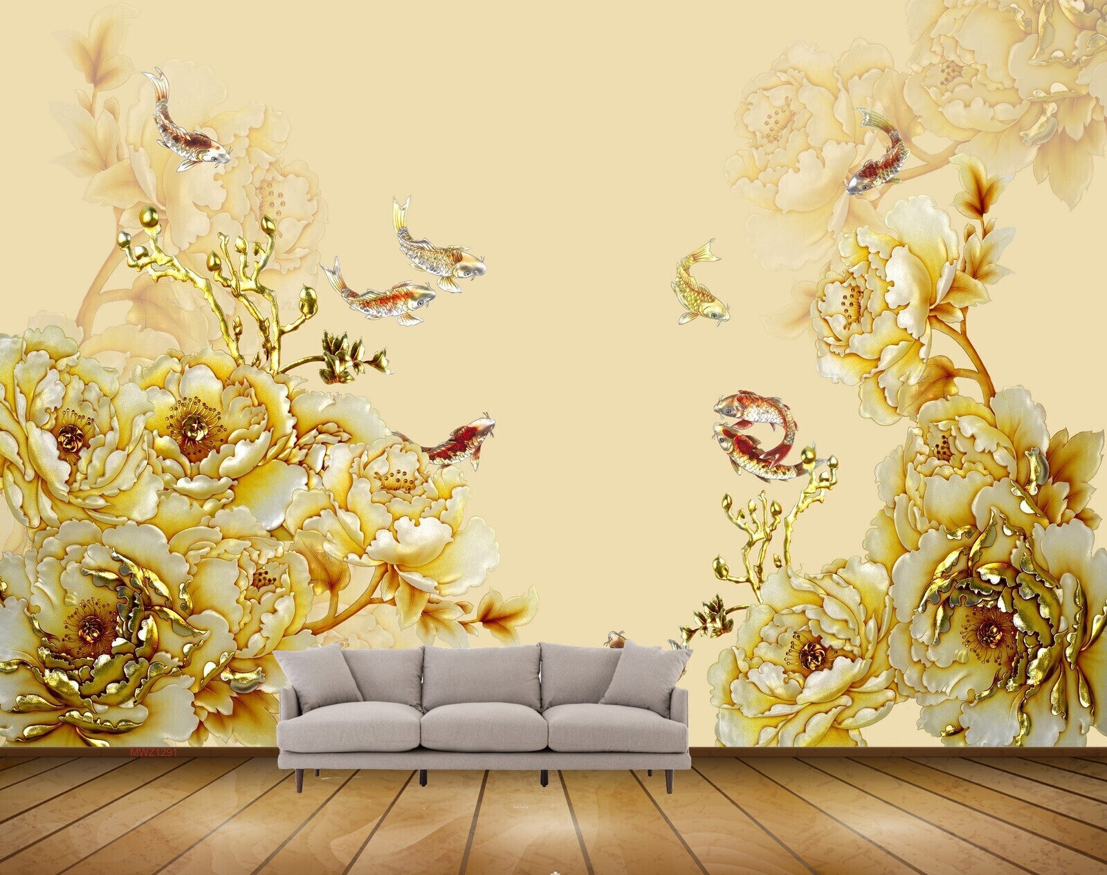 Avikalp MWZ1291 White golden Flowers Fishes 3D HD Wallpaper