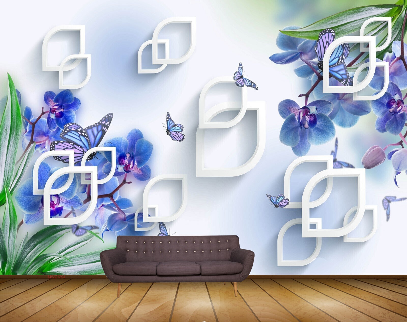 Avikalp MWZ1294 Blue Flowers Leaves Butterflies 3D HD Wallpaper