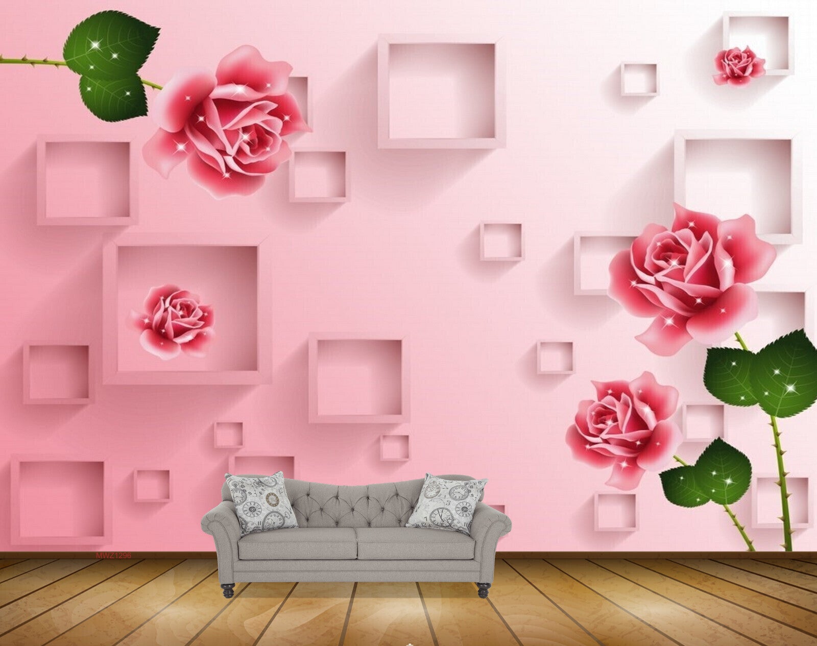 Avikalp MWZ1296 Pink Rose Flowers Leaves 3D HD Wallpaper