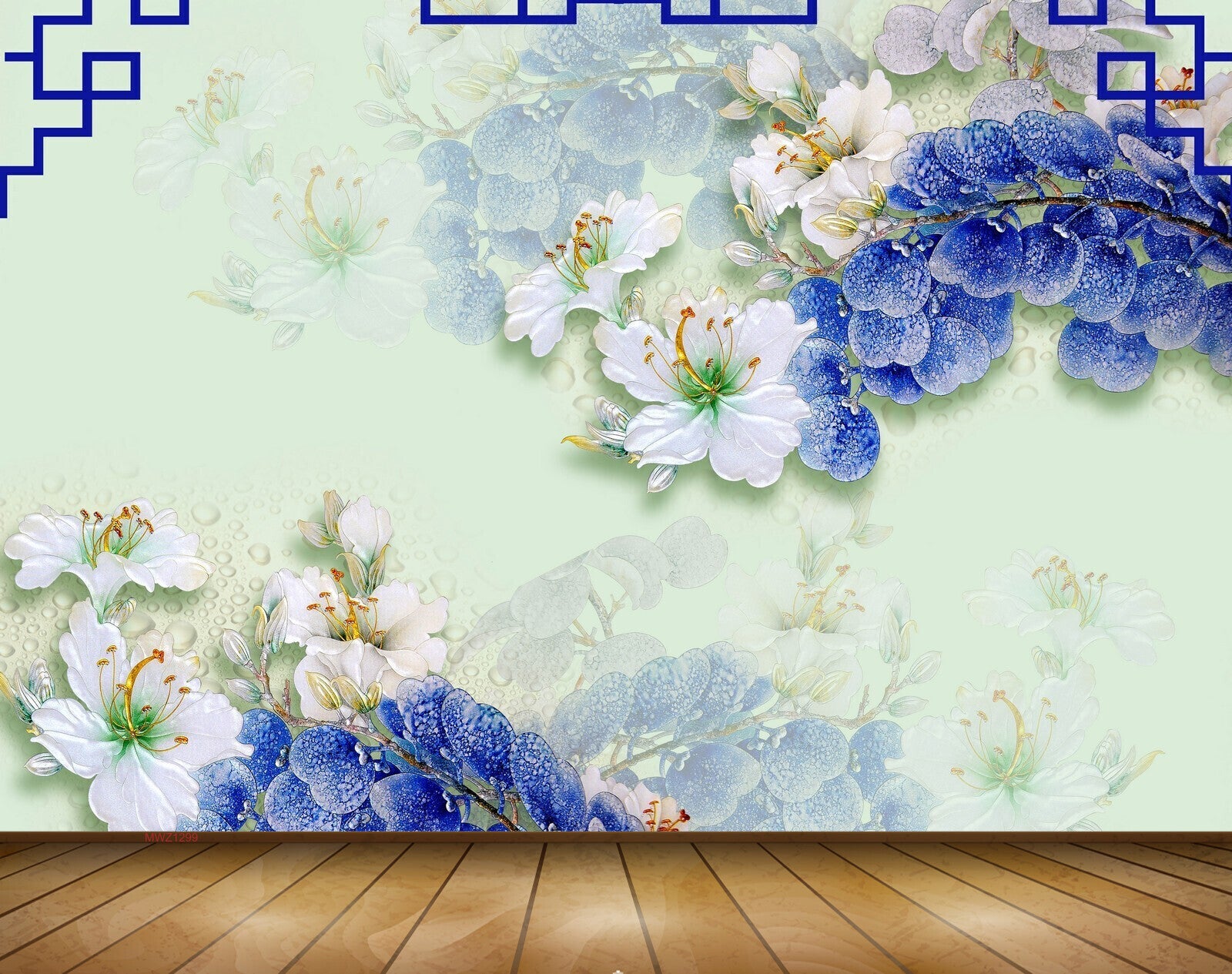 Avikalp MWZ1299 White Blue Flowers 3D HD Wallpaper