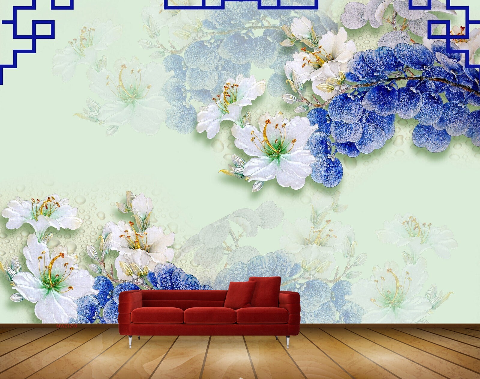 Avikalp MWZ1299 White Blue Flowers 3D HD Wallpaper