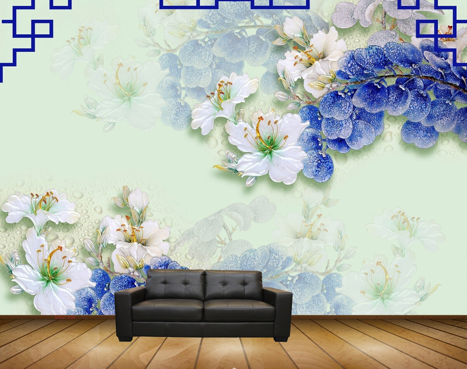 Avikalp MWZ1299 White Blue Flowers 3D HD Wallpaper