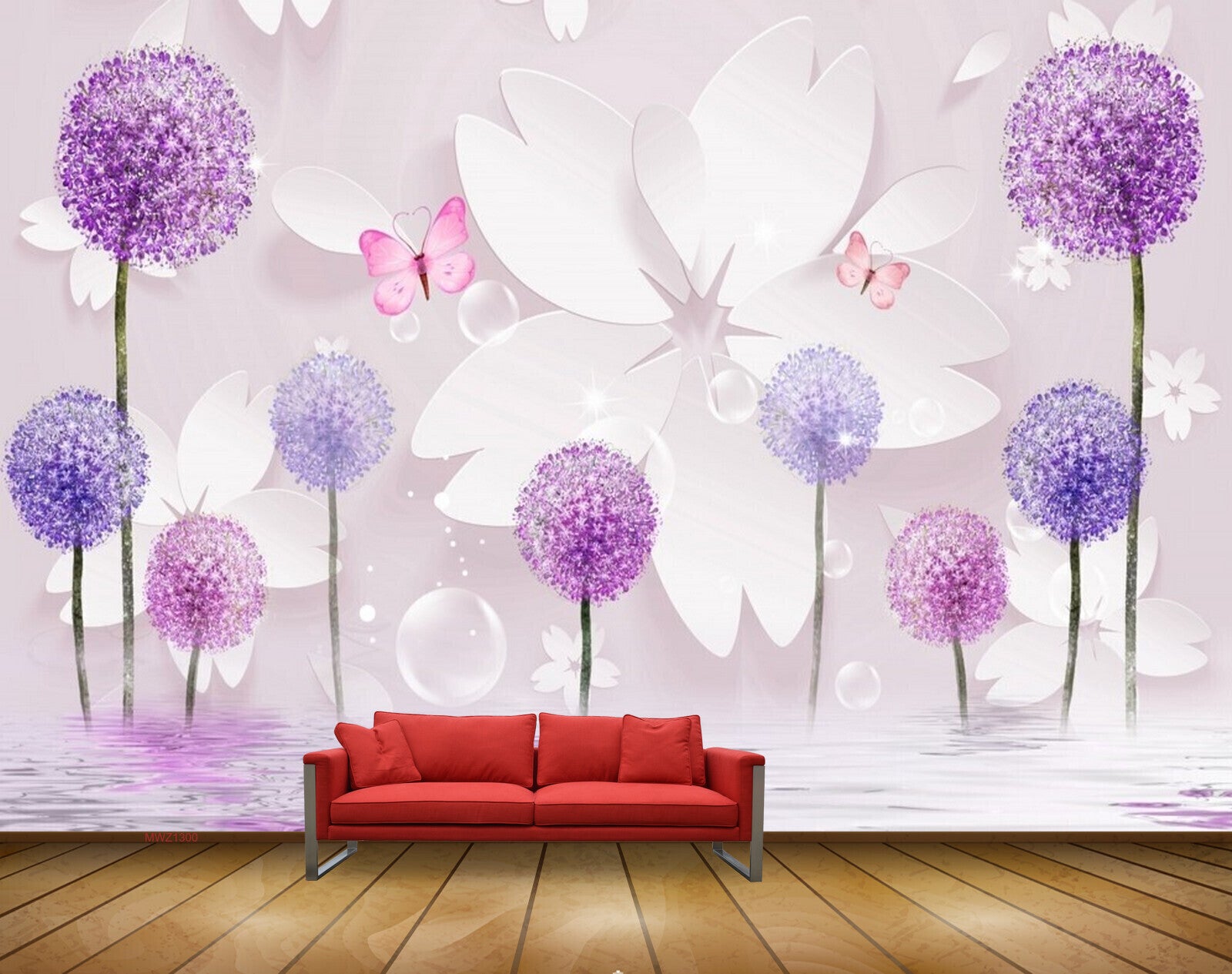 Avikalp MWZ1300 Pink Purple Flowers Butterflies 3D HD Wallpaper
