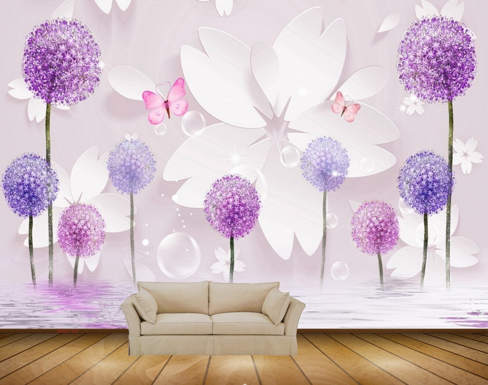 Avikalp MWZ1300 Pink Purple Flowers Butterflies 3D HD Wallpaper