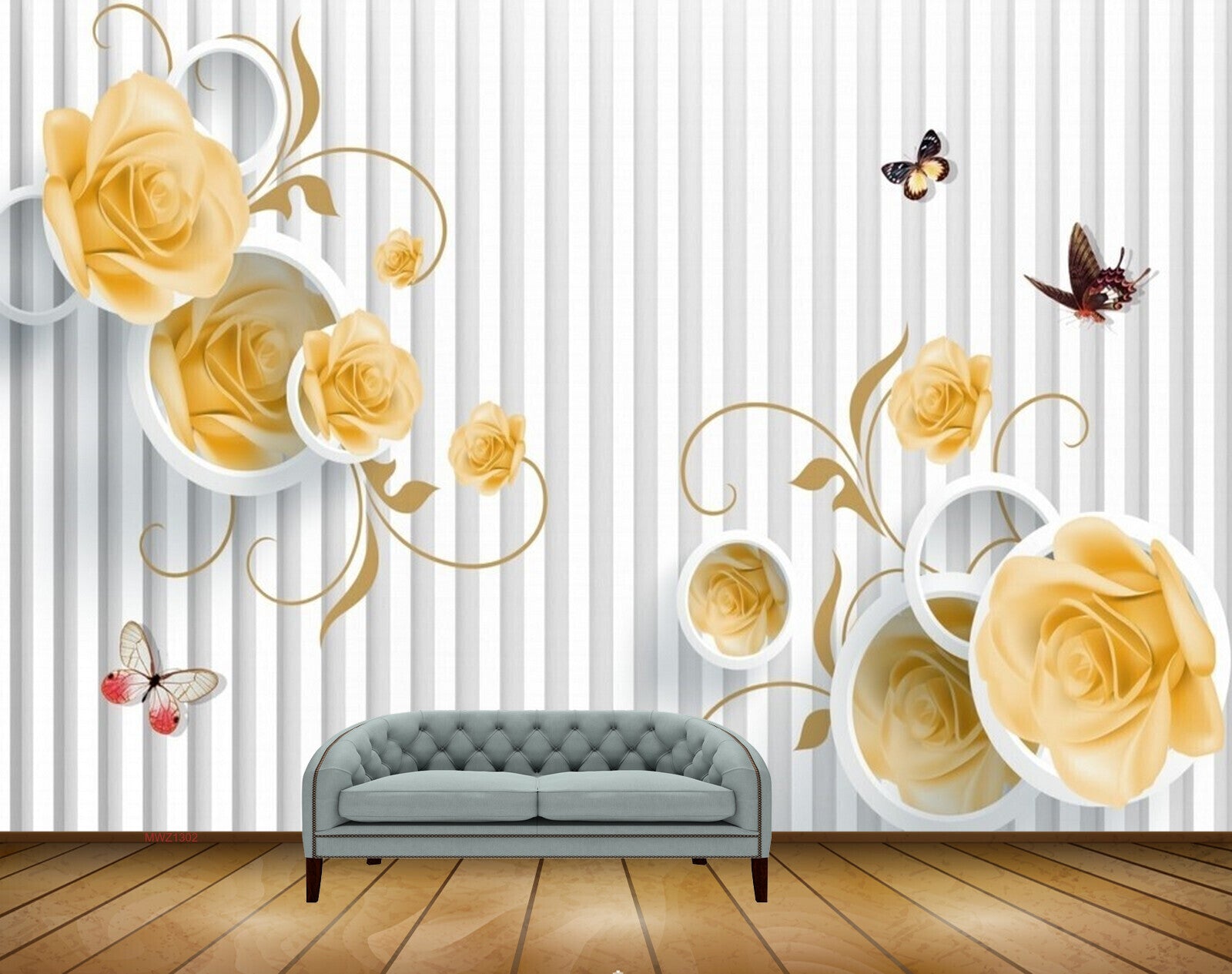 Avikalp MWZ1302 White Yellow Flowers Butetrflies 3D HD Wallpaper