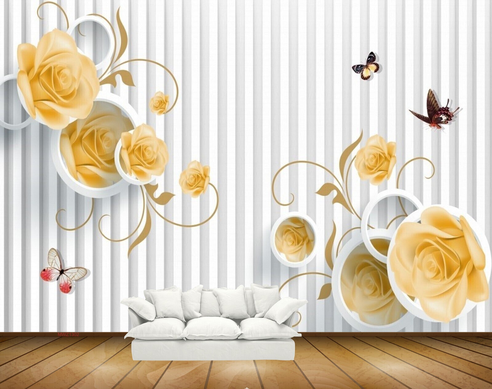 Avikalp MWZ1302 White Yellow Flowers Butetrflies 3D HD Wallpaper