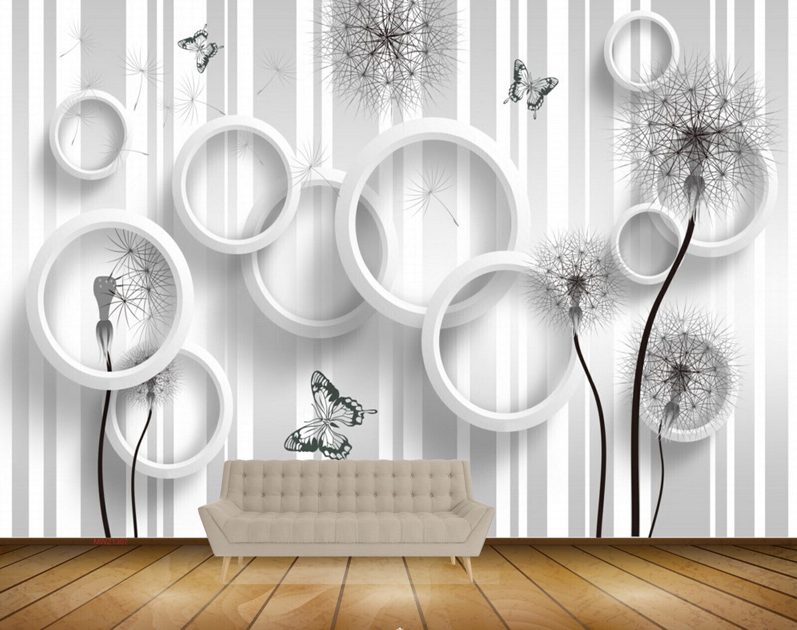 Avikalp MWZ1307 Black White Flowers Butterflies 3D HD Wallpaper