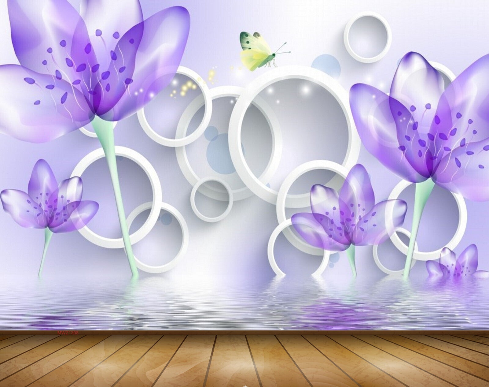 Avikalp MWZ1308 Purple Flowers Butterflies 3D HD Wallpaper