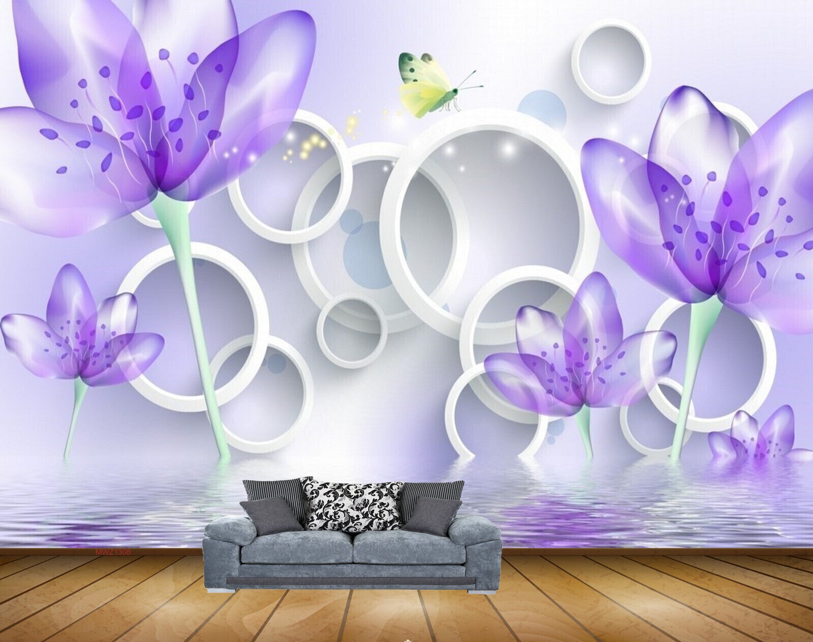 Avikalp MWZ1308 Purple Flowers Butterflies 3D HD Wallpaper