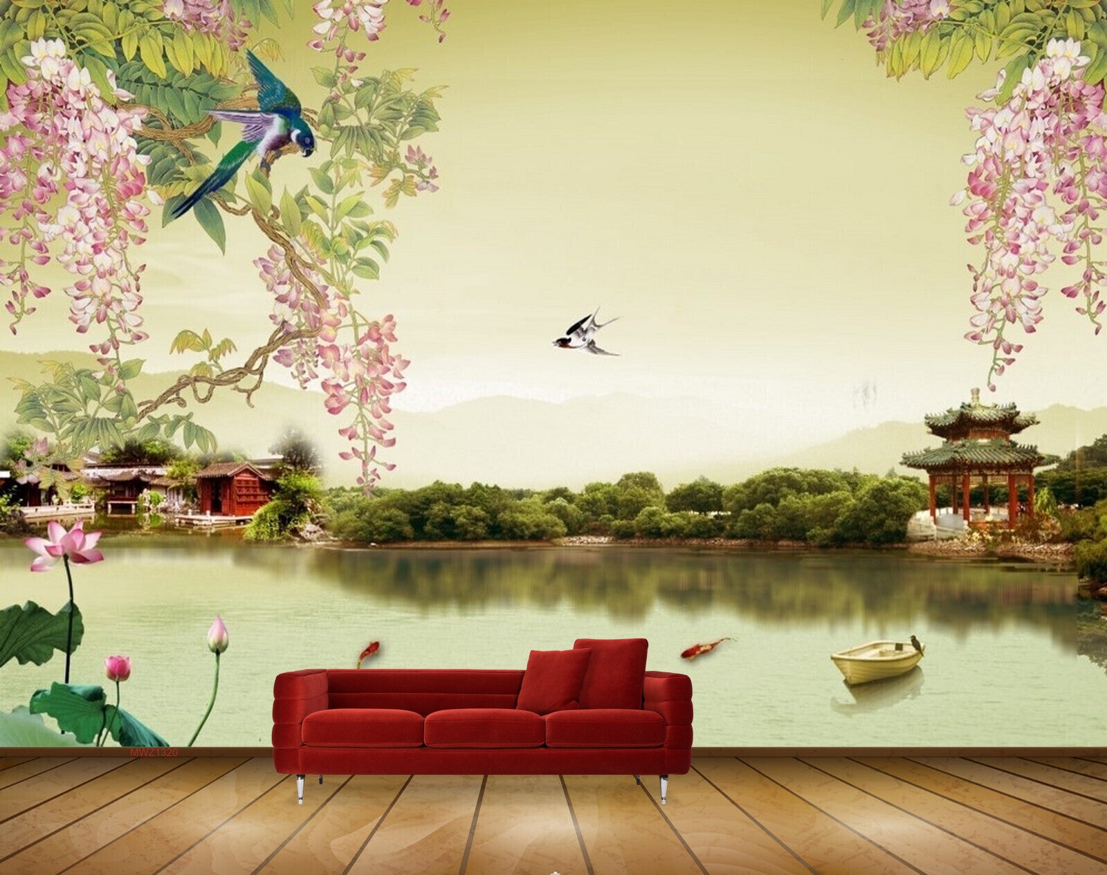 Avikalp MWZ1320 Pink Flowers Birds Lotus House Fishes Boat HD Wallpaper