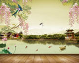 Avikalp MWZ1320 Pink Flowers Birds Lotus House Fishes Boat 3D HD Wallpaper