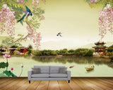 Avikalp MWZ1320 Pink Flowers Birds Lotus House Fishes Boat 3D HD Wallpaper