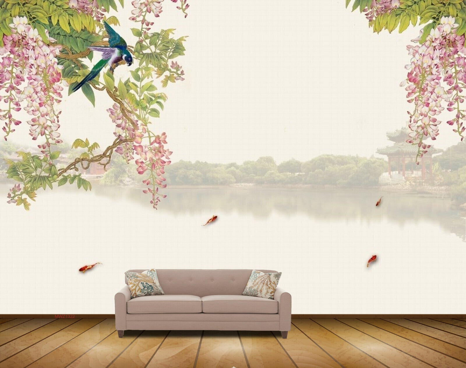 Avikalp MWZ1322 Pink Flowers Branches Birds 3D HD Wallpaper