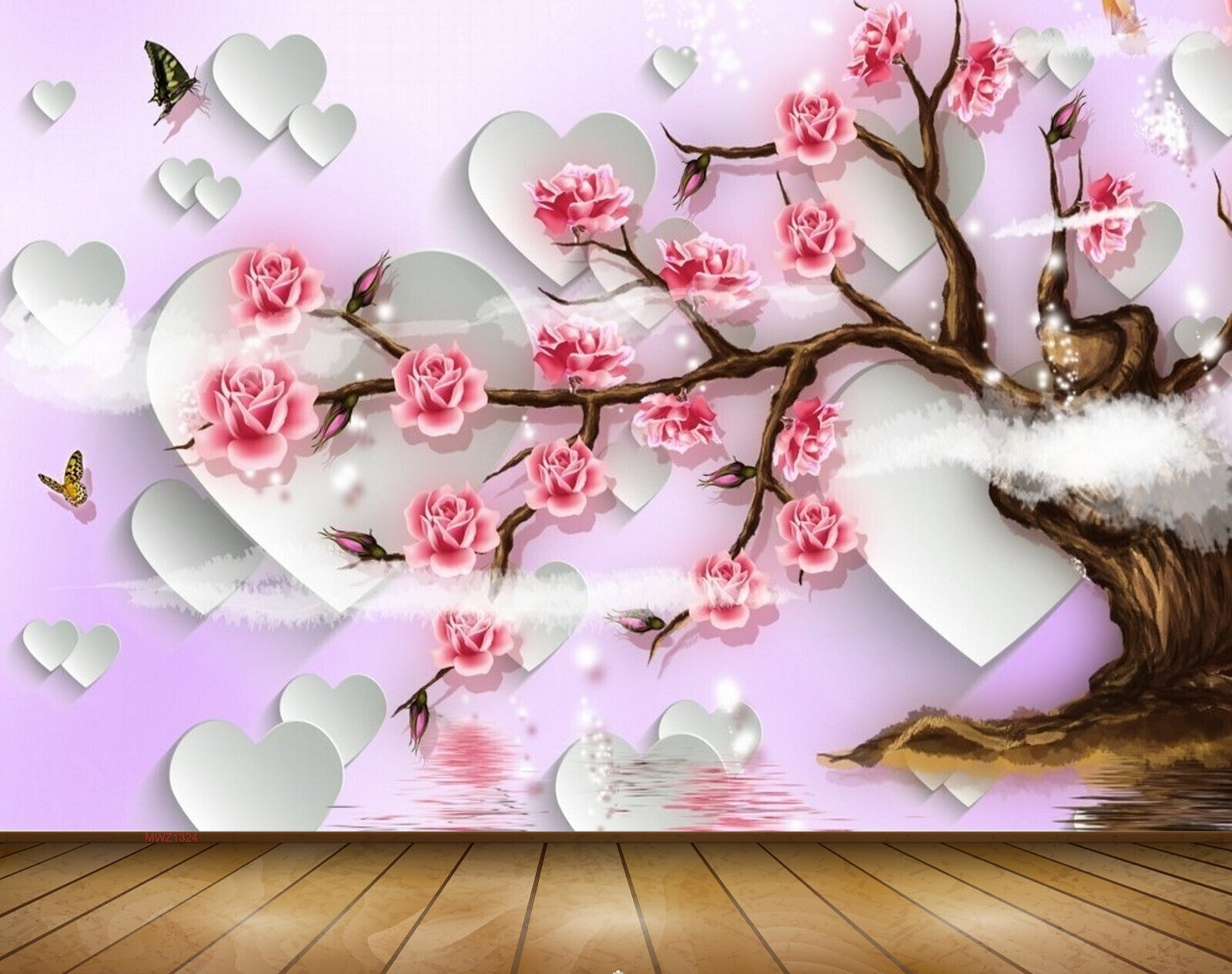Avikalp MWZ1324 Pink Rose Flowers Branches Butterflies 3D HD Wallpaper