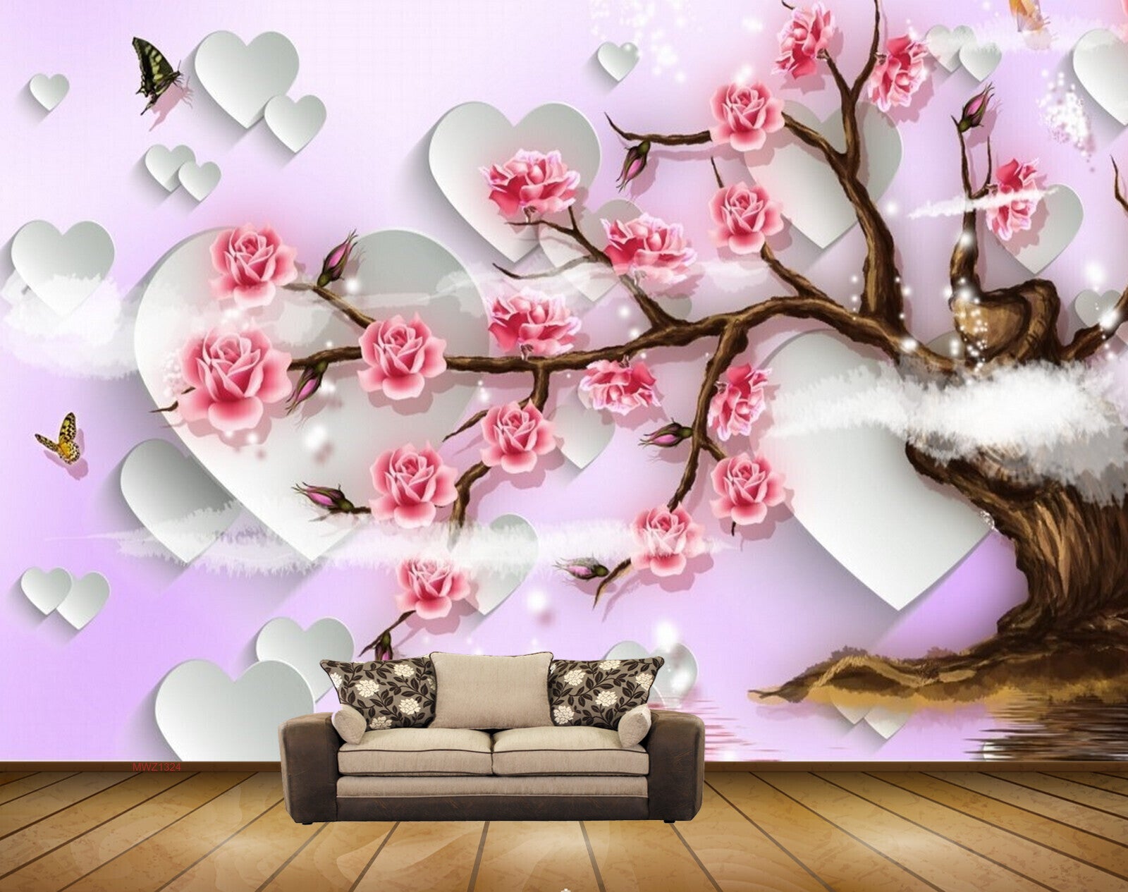 Avikalp MWZ1324 Pink Rose Flowers Branches Butterflies 3D HD Wallpaper