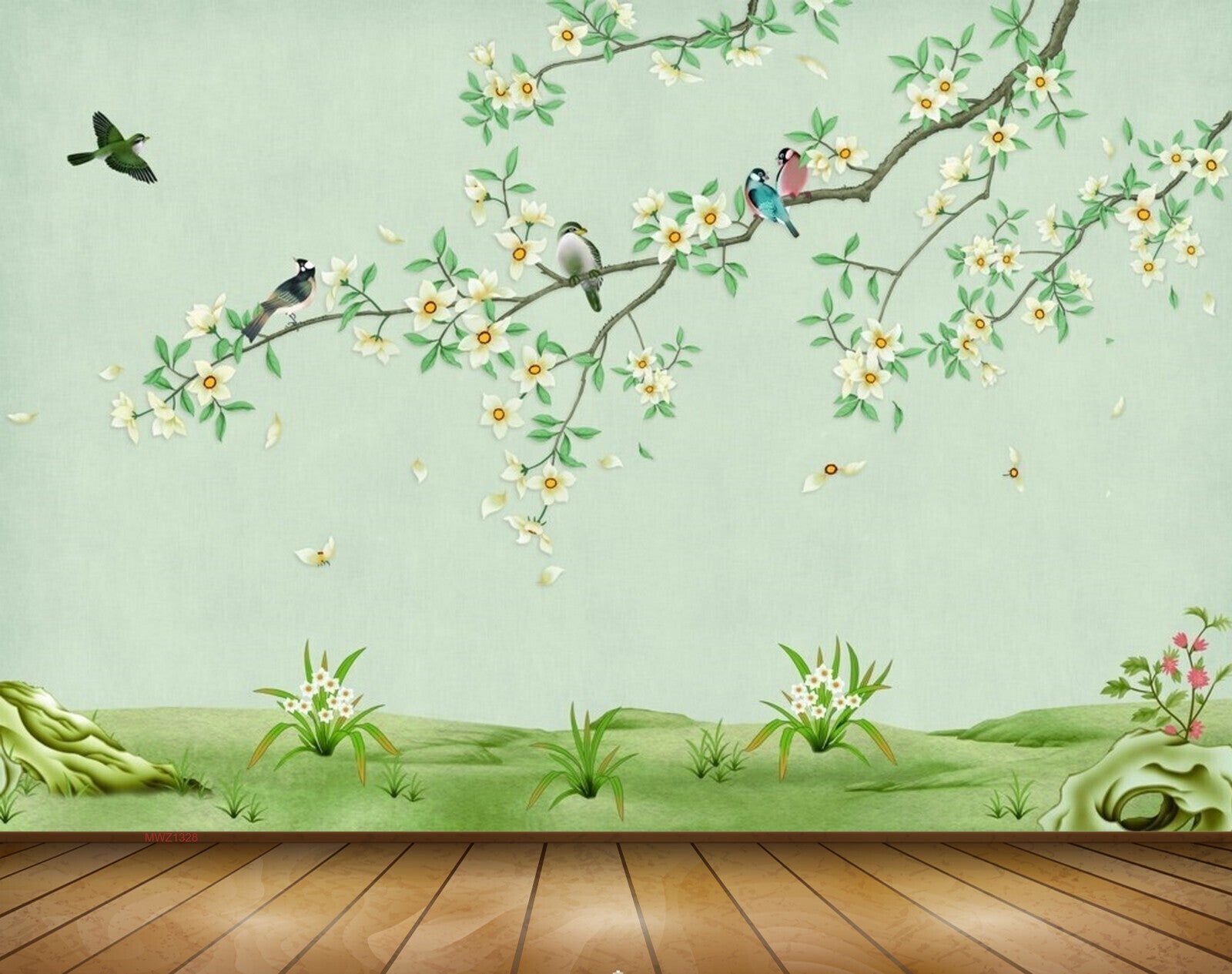 Avikalp MWZ1328 White Green Flowers Birds Plants 3D HD Wallpaper