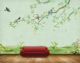 Avikalp MWZ1328 White Green Flowers Birds Plants 3D HD Wallpaper