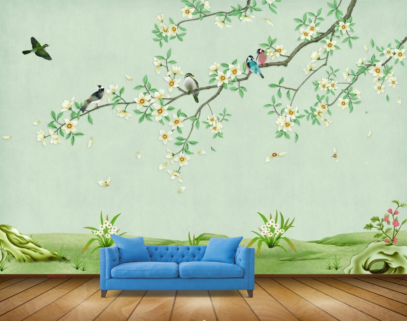 Avikalp MWZ1328 White Green Flowers Birds Plants 3D HD Wallpaper