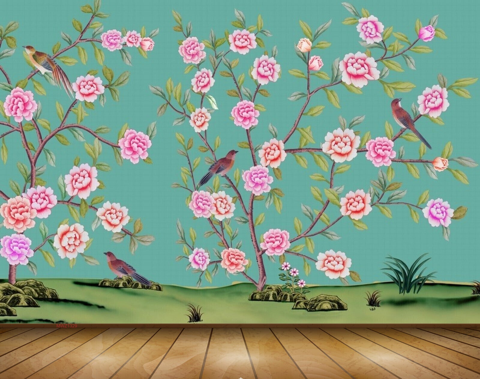 Avikalp MWZ1329 Pink Flowers Birds 3D HD Wallpaper