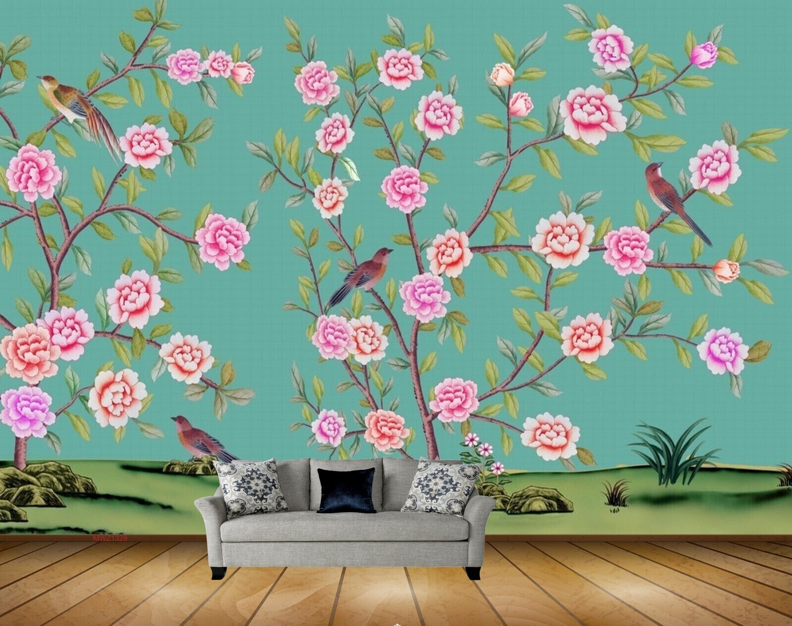 Avikalp MWZ1329 Pink Flowers Birds 3D HD Wallpaper