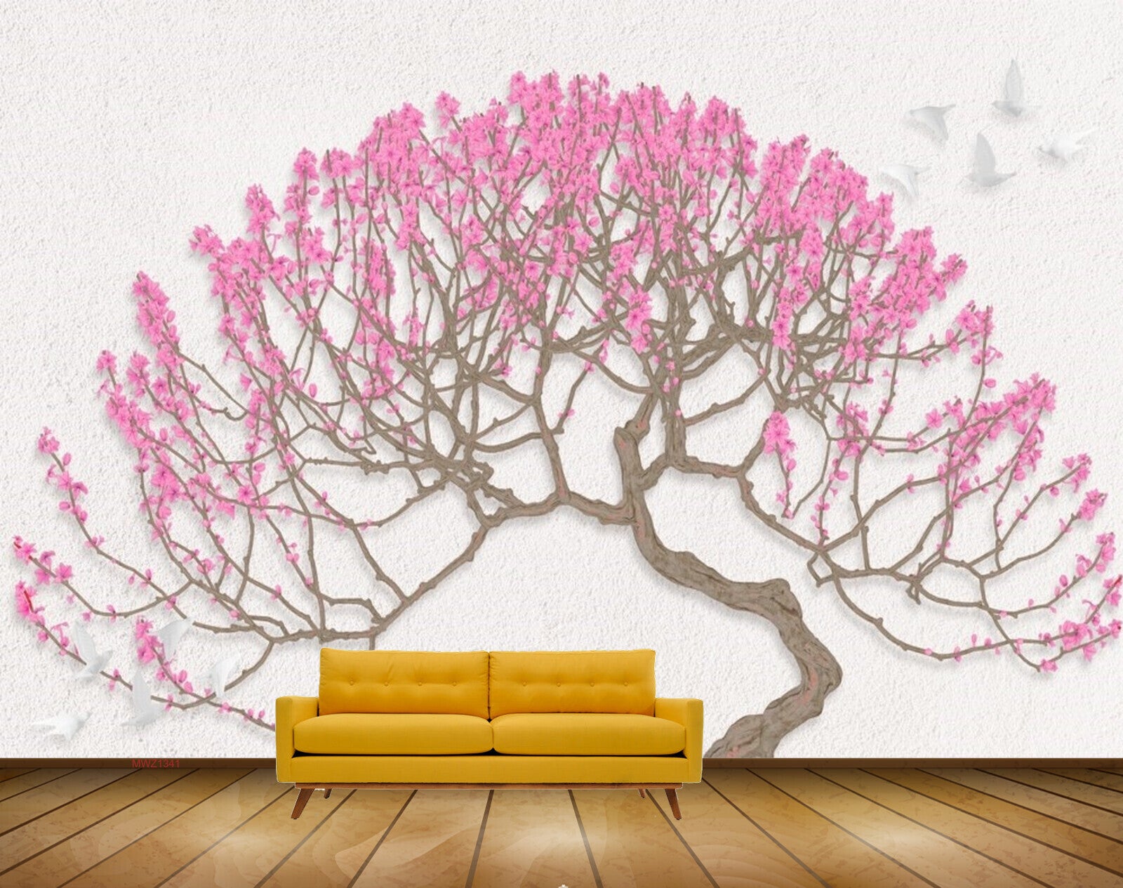 Avikalp MWZ1341 Tree Pink Flowers Birds HD Wallpaper